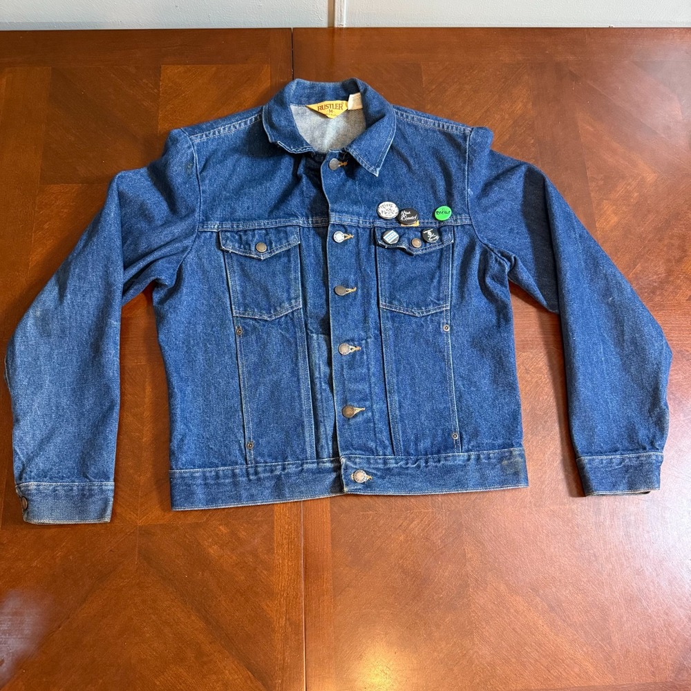 Vintage Rustler Denim Trucker‎ Jacket M Mickey's Get Stung Patch Punk Pins read